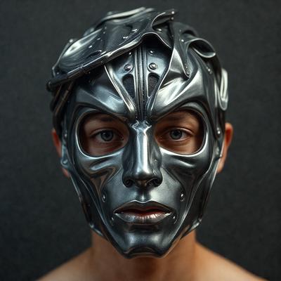 The primary subject of the image is a man wearing a silver mask. The mask is shiny and appears to be made of metal. The man is standing in front of a gray background, which provides a contrasting color to the silver mask. The visual style of the image is a close-up of the man's face, emphasizing the mask's details. The overall atmosphere of the image is mysterious and intriguing, as the man's face is partially hidden by the mask.
